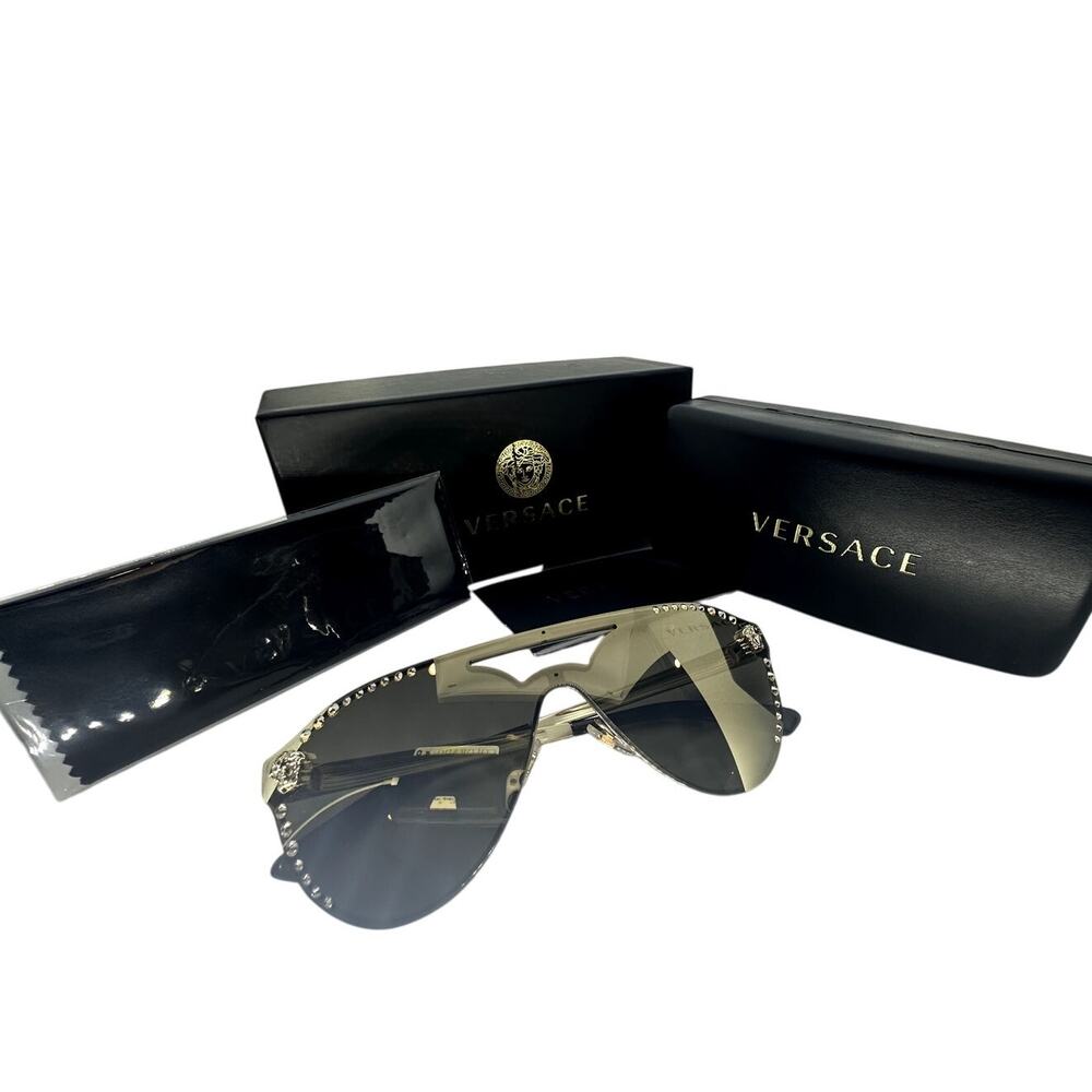 VERSACE Crystal Stud Rock Medusa Pale Gold VE2161B Aviator Sunglasses BNIB